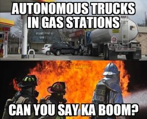 autonomous trucks in gas station meme